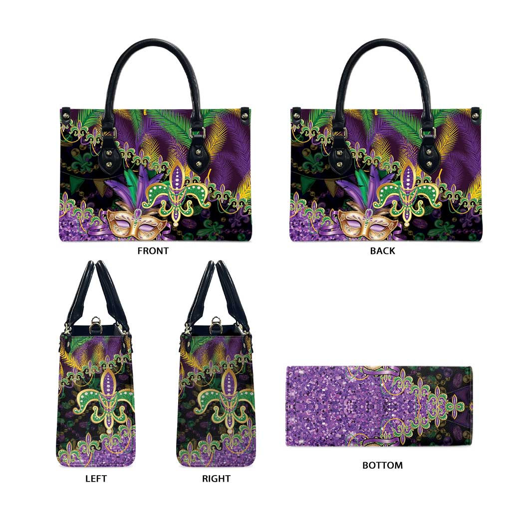 Fleur De Lis Mardi Gras Mask Leather Bag 504 NOLA Carnival Feathers Glitter Effect