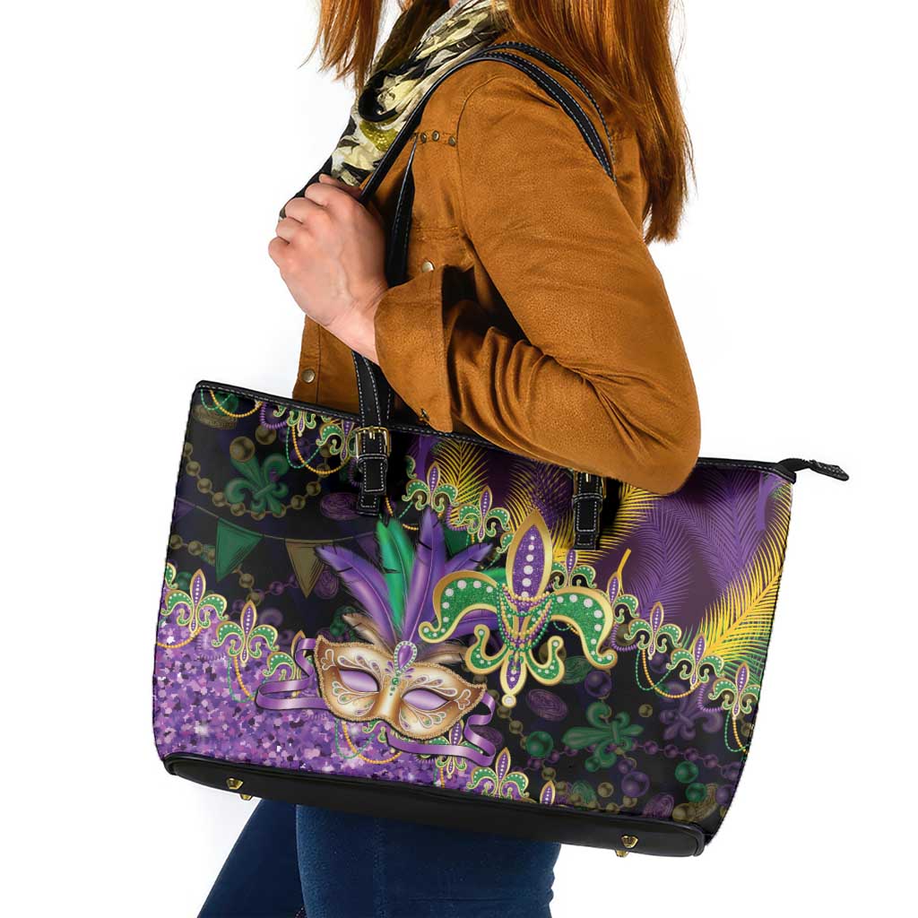 Fleur De Lis Mardi Gras Mask Leather Tote Bag 504 NOLA Carnival Feathers Glitter Effect