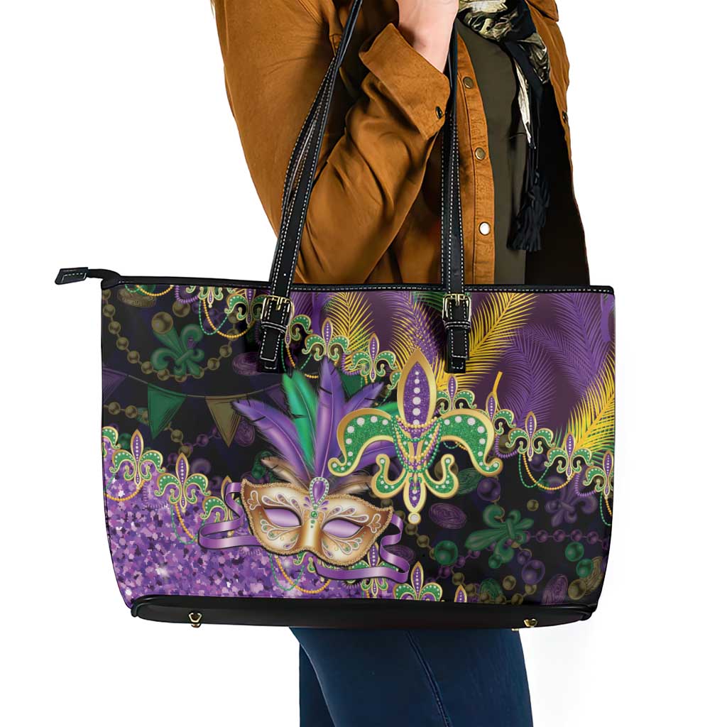Fleur De Lis Mardi Gras Mask Leather Tote Bag 504 NOLA Carnival Feathers Glitter Effect