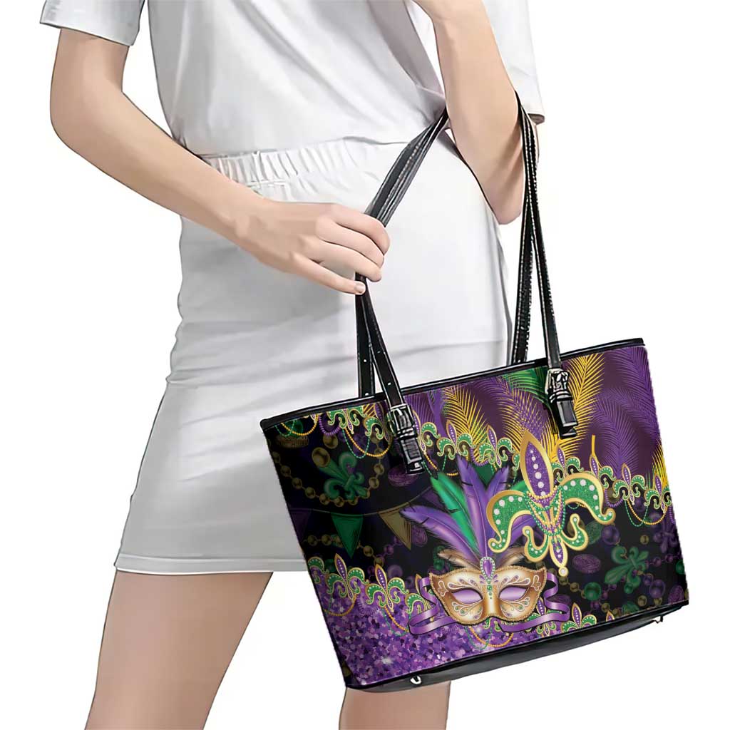 Fleur De Lis Mardi Gras Mask Leather Tote Bag 504 NOLA Carnival Feathers Glitter Effect