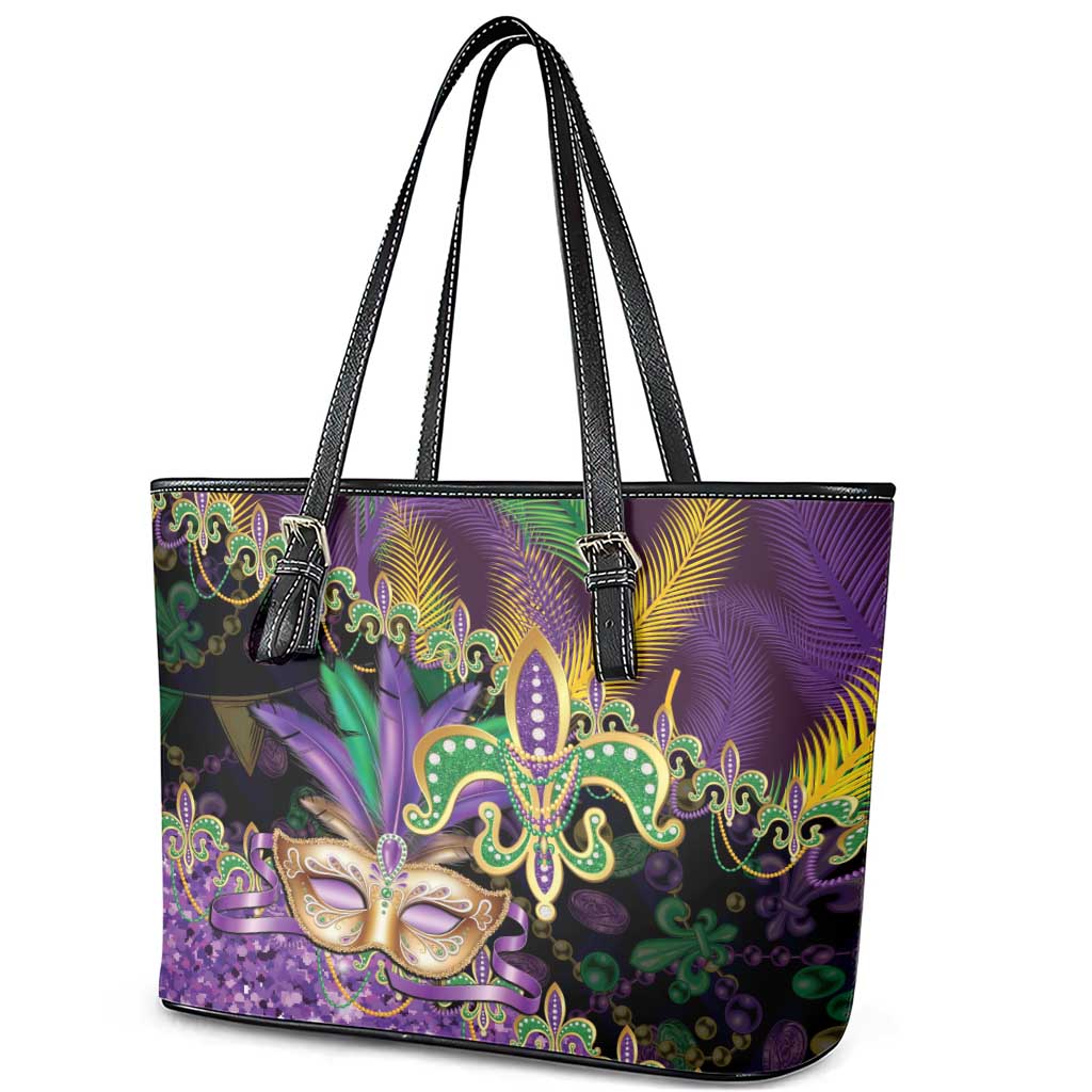 Fleur De Lis Mardi Gras Mask Leather Tote Bag 504 NOLA Carnival Feathers Glitter Effect