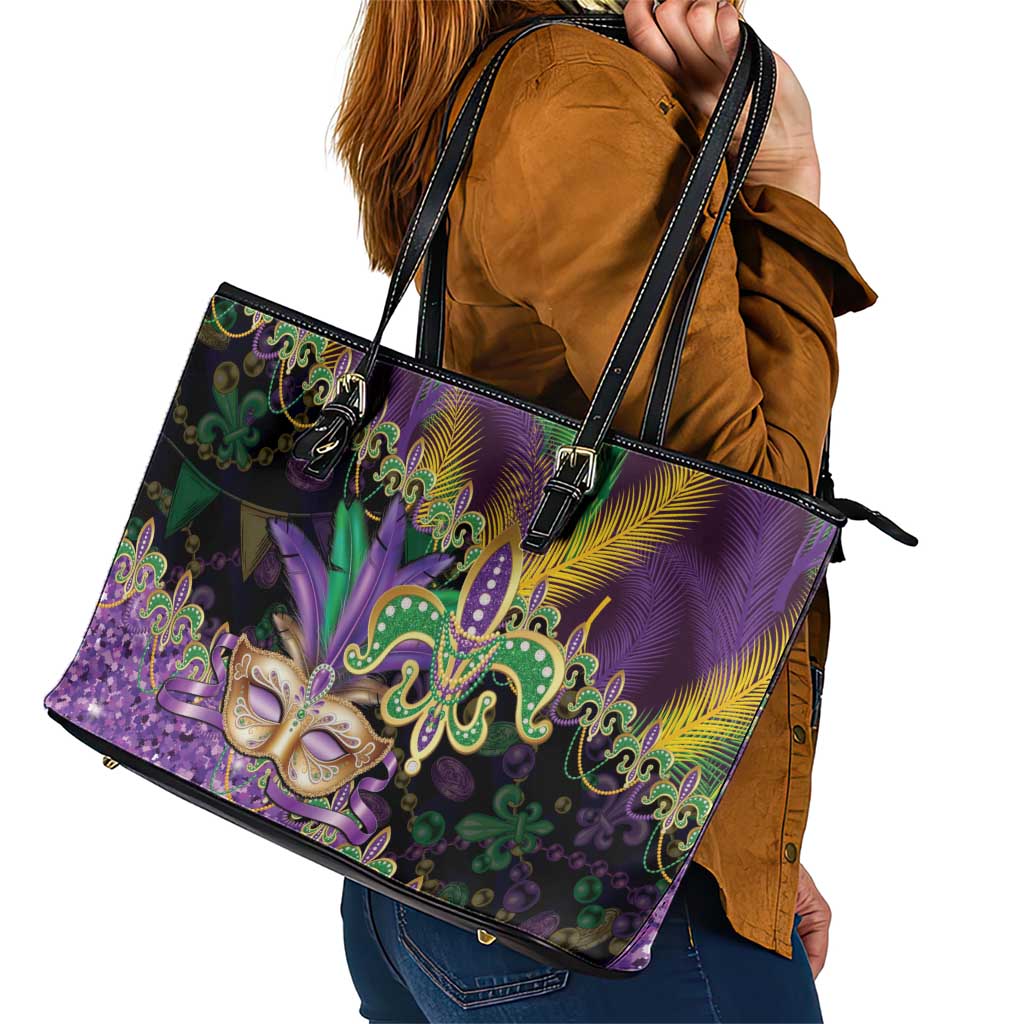 Fleur De Lis Mardi Gras Mask Leather Tote Bag 504 NOLA Carnival Feathers Glitter Effect