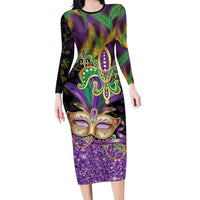 Fleur De Lis Mardi Gras Mask Long Sleeve Bodycon Dress 504 NOLA Carnival Feathers Glitter Effect