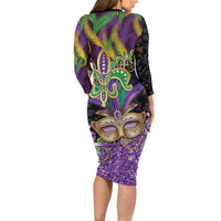 Fleur De Lis Mardi Gras Mask Long Sleeve Bodycon Dress 504 NOLA Carnival Feathers Glitter Effect