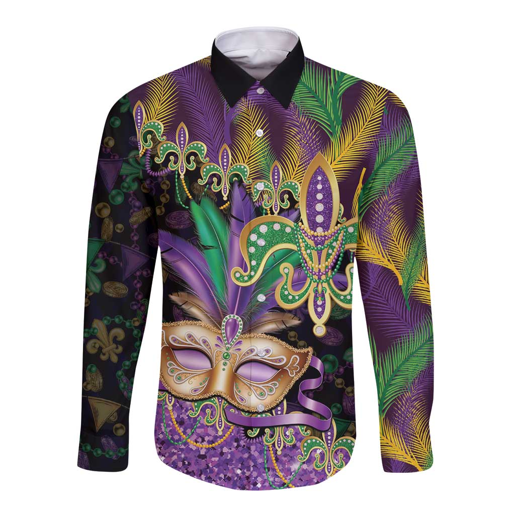 Fleur De Lis Mardi Gras Mask Long Sleeve Button Shirt 504 NOLA Carnival Feathers Glitter Effect