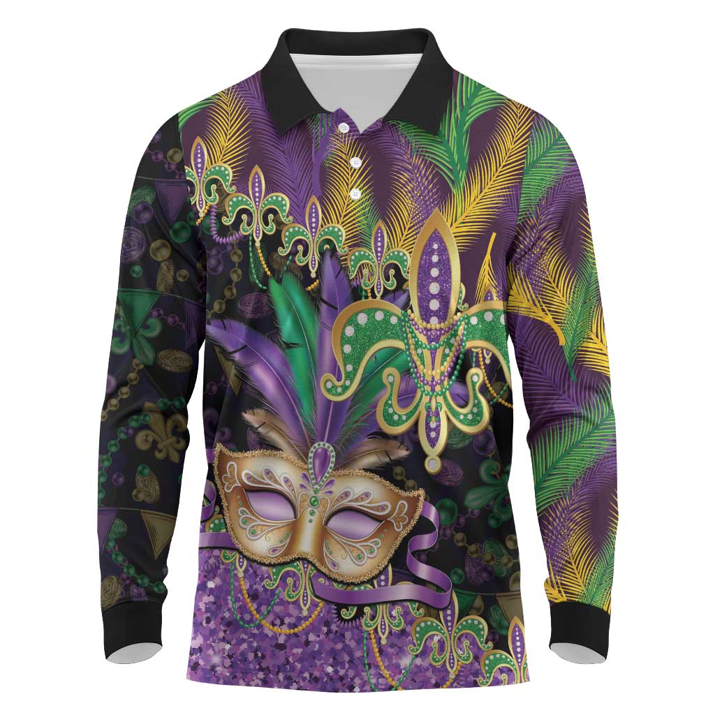 Fleur De Lis Mardi Gras Mask Long Sleeve Polo Shirt 504 NOLA Carnival Feathers Glitter Effect
