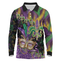 Fleur De Lis Mardi Gras Mask Long Sleeve Polo Shirt 504 NOLA Carnival Feathers Glitter Effect