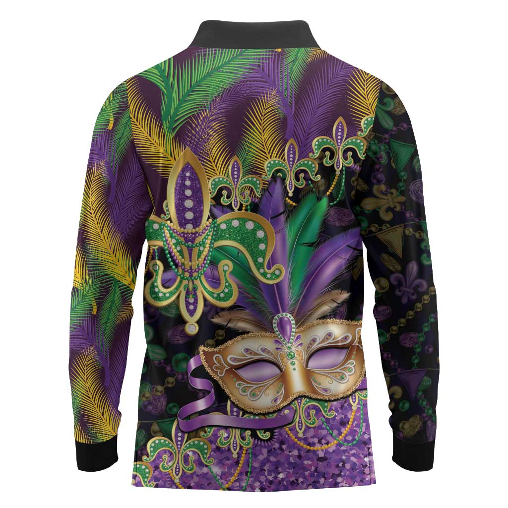 Fleur De Lis Mardi Gras Mask Long Sleeve Polo Shirt 504 NOLA Carnival Feathers Glitter Effect