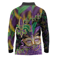 Fleur De Lis Mardi Gras Mask Long Sleeve Polo Shirt 504 NOLA Carnival Feathers Glitter Effect