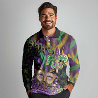 Fleur De Lis Mardi Gras Mask Long Sleeve Polo Shirt 504 NOLA Carnival Feathers Glitter Effect