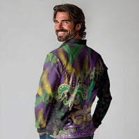 Fleur De Lis Mardi Gras Mask Long Sleeve Polo Shirt 504 NOLA Carnival Feathers Glitter Effect