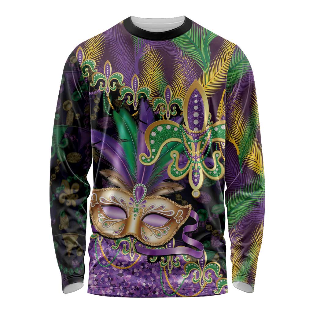 Fleur De Lis Mardi Gras Mask Long Sleeve Shirt 504 NOLA Carnival Feathers Glitter Effect