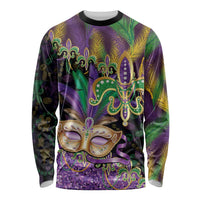 Fleur De Lis Mardi Gras Mask Long Sleeve Shirt 504 NOLA Carnival Feathers Glitter Effect