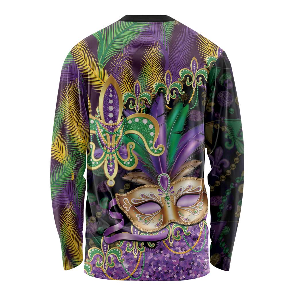 Fleur De Lis Mardi Gras Mask Long Sleeve Shirt 504 NOLA Carnival Feathers Glitter Effect