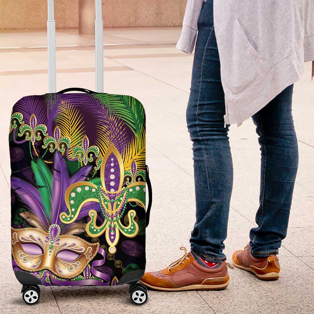 Fleur De Lis Mardi Gras Mask Luggage Cover 504 NOLA Carnival Feathers Glitter Effect