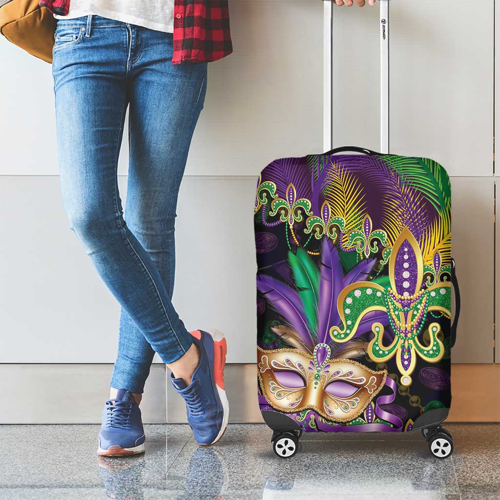 Fleur De Lis Mardi Gras Mask Luggage Cover 504 NOLA Carnival Feathers Glitter Effect