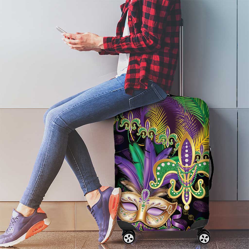 Fleur De Lis Mardi Gras Mask Luggage Cover 504 NOLA Carnival Feathers Glitter Effect