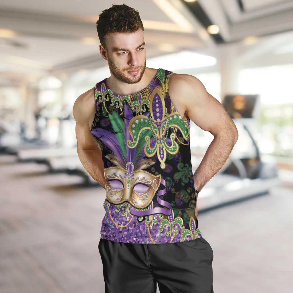 Fleur De Lis Mardi Gras Mask Men Tank Top 504 NOLA Carnival Feathers Glitter Effect