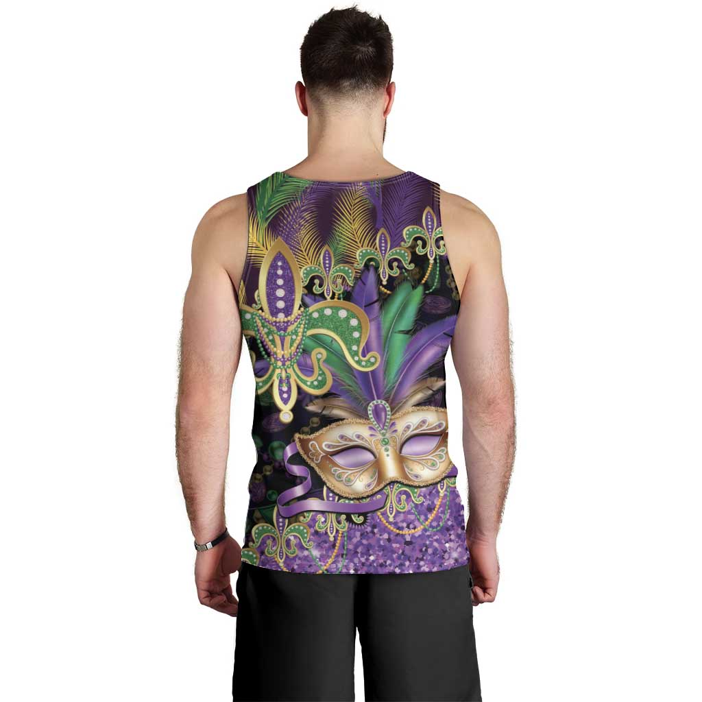 Fleur De Lis Mardi Gras Mask Men Tank Top 504 NOLA Carnival Feathers Glitter Effect
