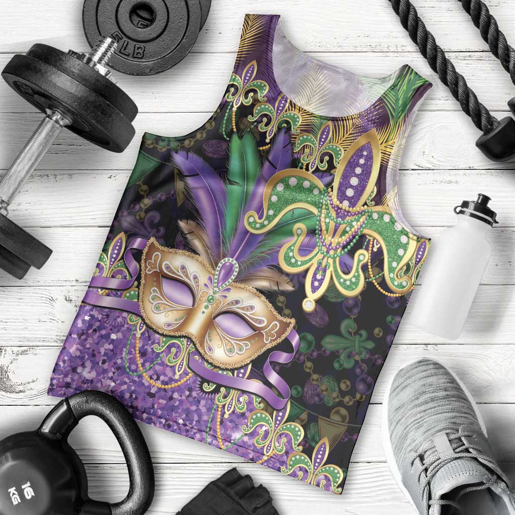 Fleur De Lis Mardi Gras Mask Men Tank Top 504 NOLA Carnival Feathers Glitter Effect
