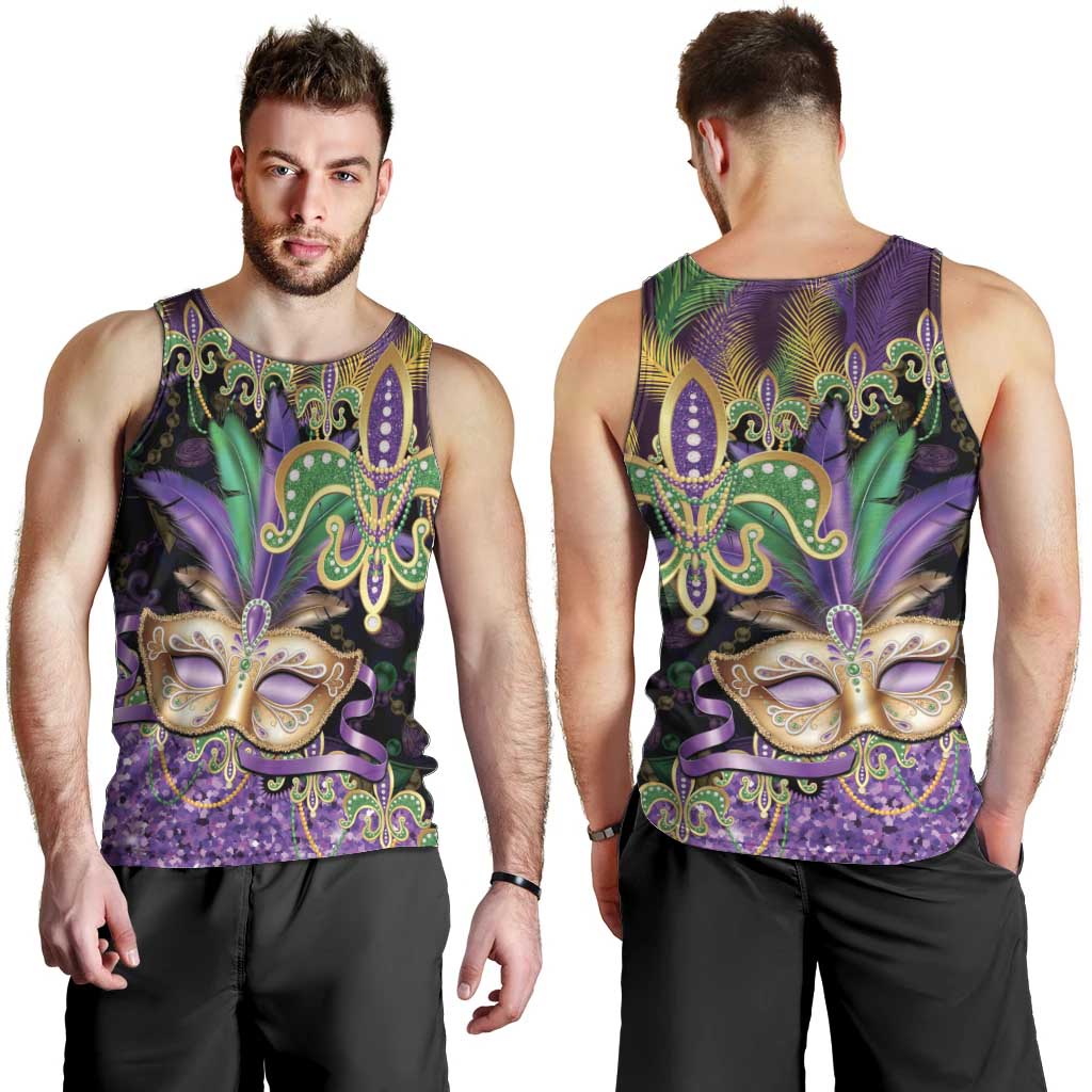 Fleur De Lis Mardi Gras Mask Men Tank Top 504 NOLA Carnival Feathers Glitter Effect