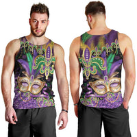 Fleur De Lis Mardi Gras Mask Men Tank Top 504 NOLA Carnival Feathers Glitter Effect