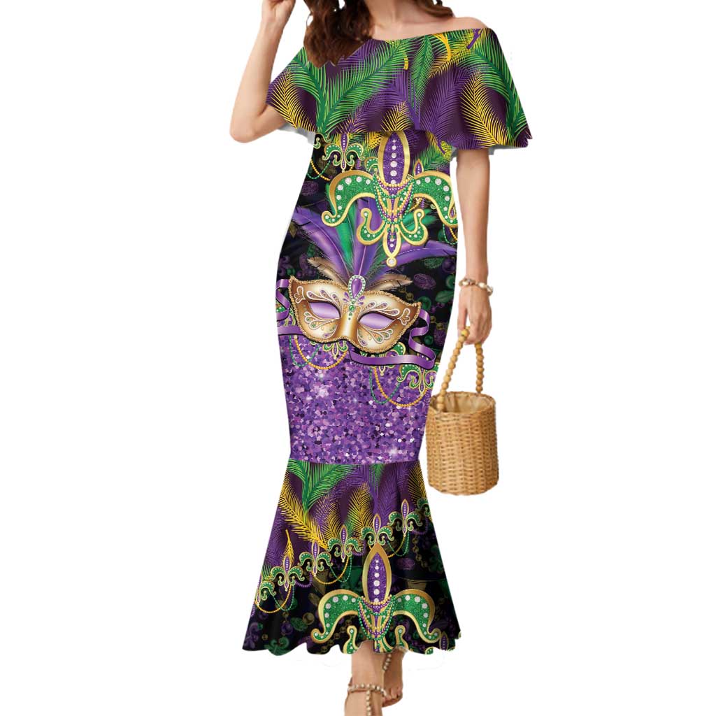 Fleur De Lis Mardi Gras Mask Mermaid Dress 504 NOLA Carnival Feathers Glitter Effect