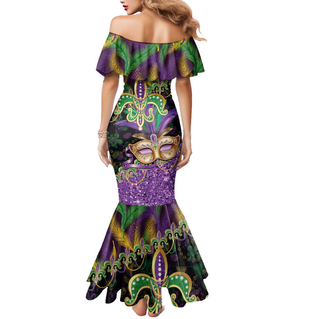 Fleur De Lis Mardi Gras Mask Mermaid Dress 504 NOLA Carnival Feathers Glitter Effect