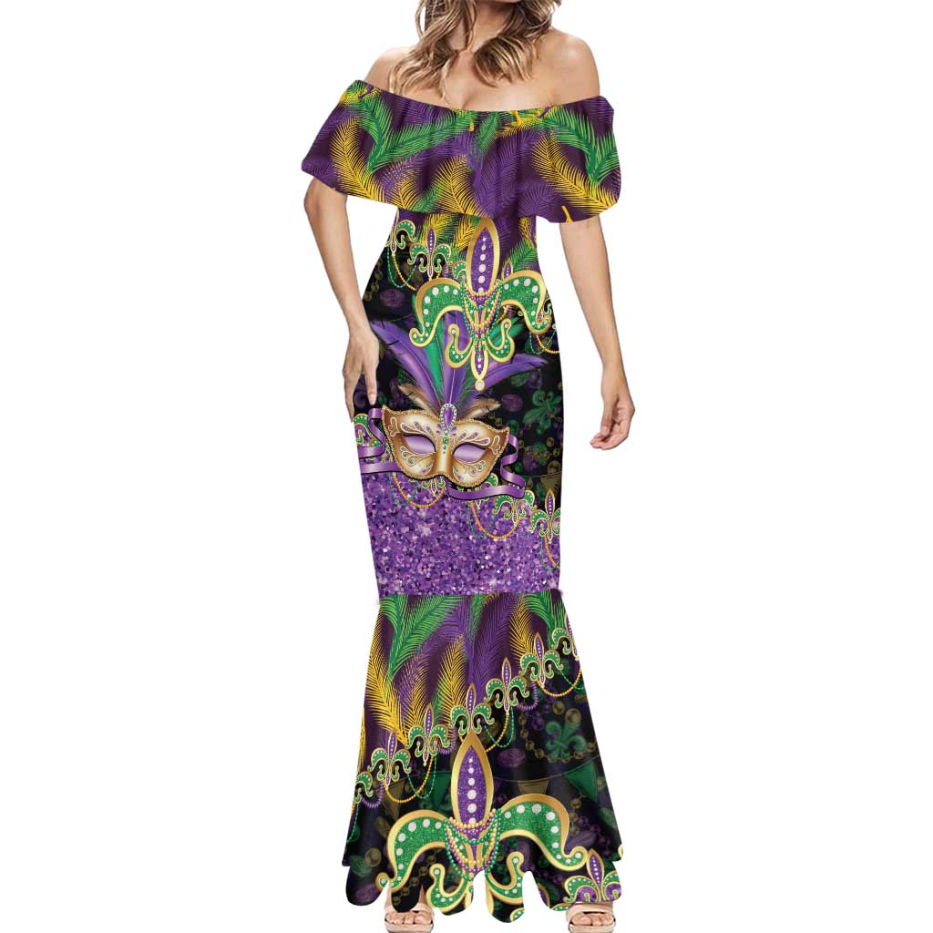 Fleur De Lis Mardi Gras Mask Mermaid Dress 504 NOLA Carnival Feathers Glitter Effect