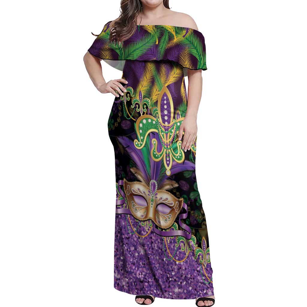 Fleur De Lis Mardi Gras Mask Off Shoulder Maxi Dress 504 NOLA Carnival Feathers Glitter Effect