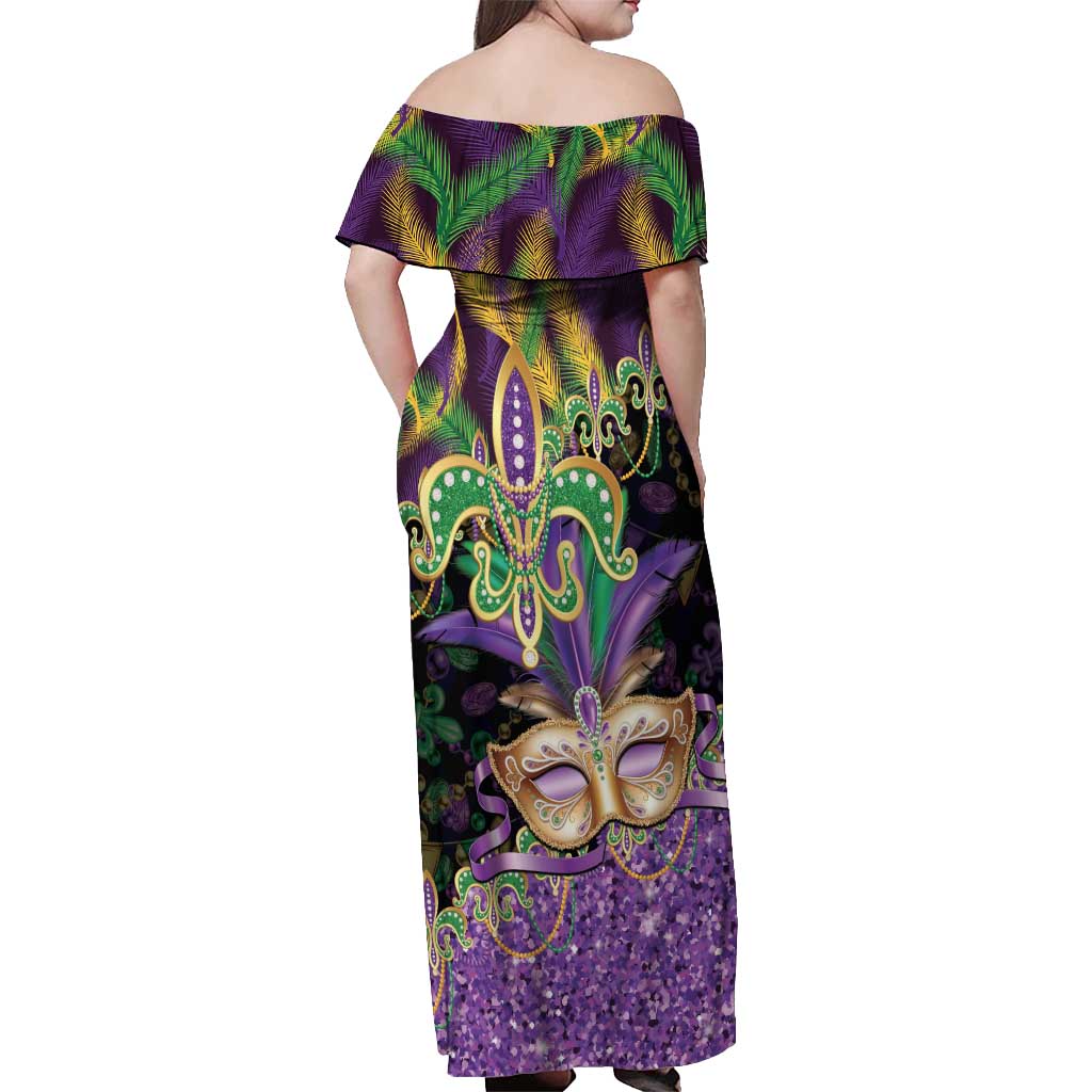 Fleur De Lis Mardi Gras Mask Off Shoulder Maxi Dress 504 NOLA Carnival Feathers Glitter Effect