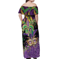 Fleur De Lis Mardi Gras Mask Off Shoulder Maxi Dress 504 NOLA Carnival Feathers Glitter Effect