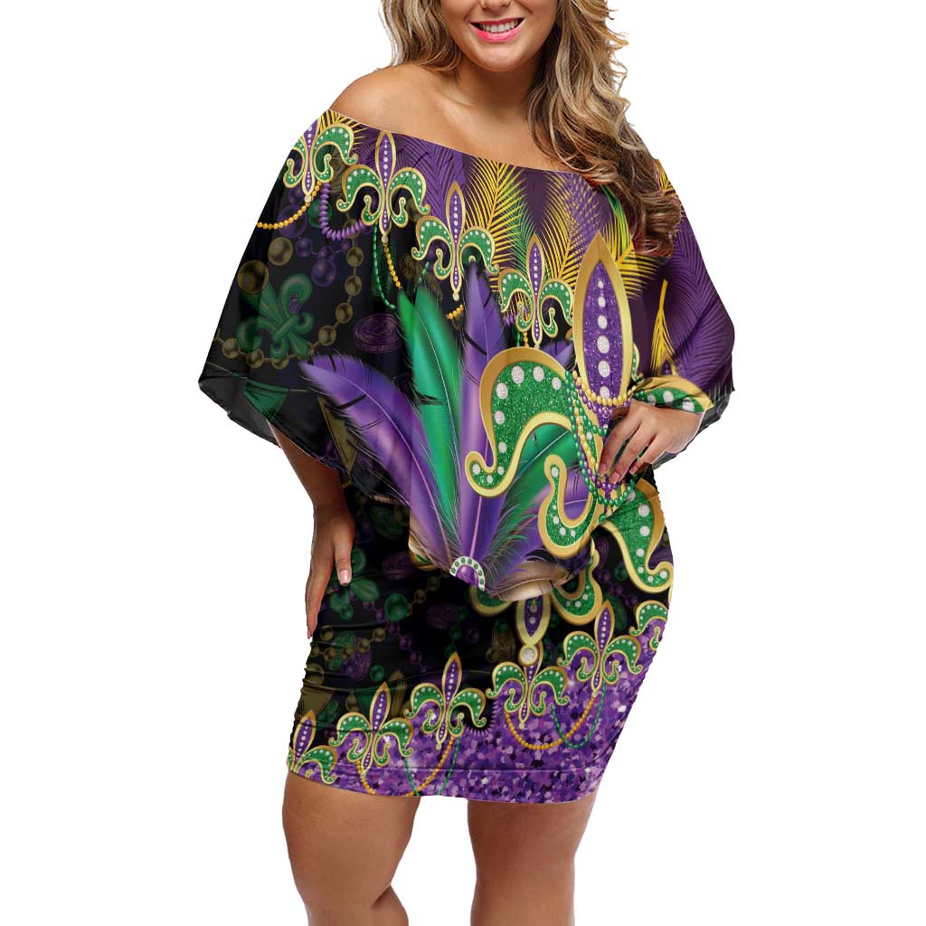 Fleur De Lis Mardi Gras Mask Off Shoulder Short Dress 504 NOLA Carnival Feathers Glitter Effect