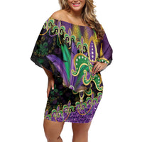 Fleur De Lis Mardi Gras Mask Off Shoulder Short Dress 504 NOLA Carnival Feathers Glitter Effect