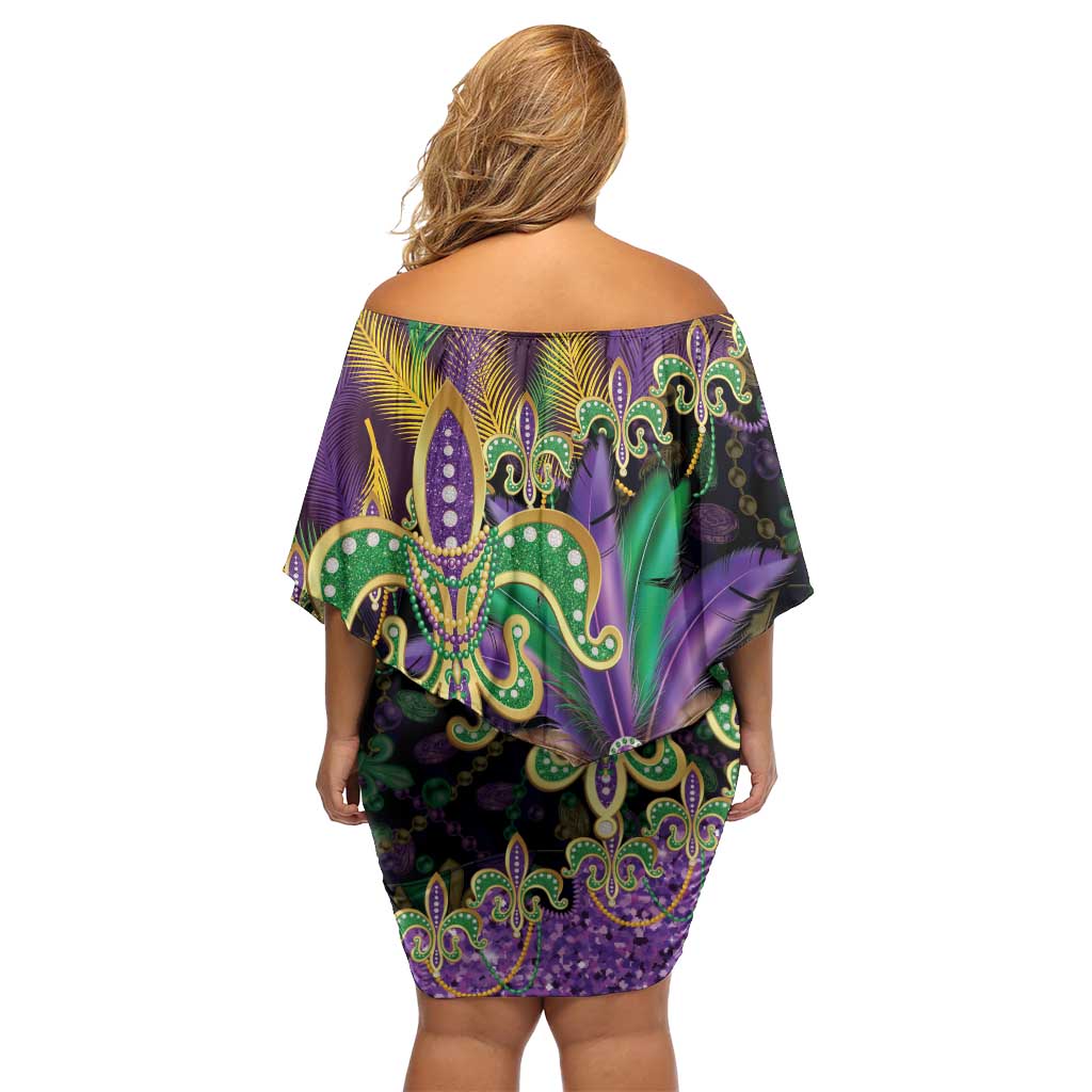 Fleur De Lis Mardi Gras Mask Off Shoulder Short Dress 504 NOLA Carnival Feathers Glitter Effect