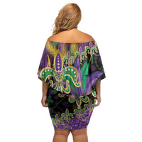 Fleur De Lis Mardi Gras Mask Off Shoulder Short Dress 504 NOLA Carnival Feathers Glitter Effect