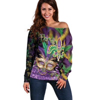 Fleur De Lis Mardi Gras Mask Off Shoulder Sweater 504 NOLA Carnival Feathers Glitter Effect