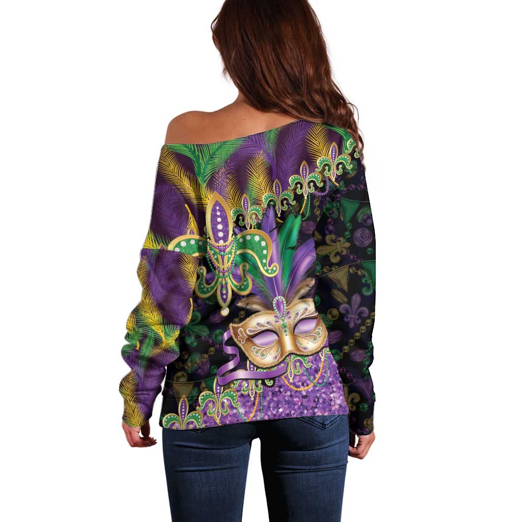 Fleur De Lis Mardi Gras Mask Off Shoulder Sweater 504 NOLA Carnival Feathers Glitter Effect