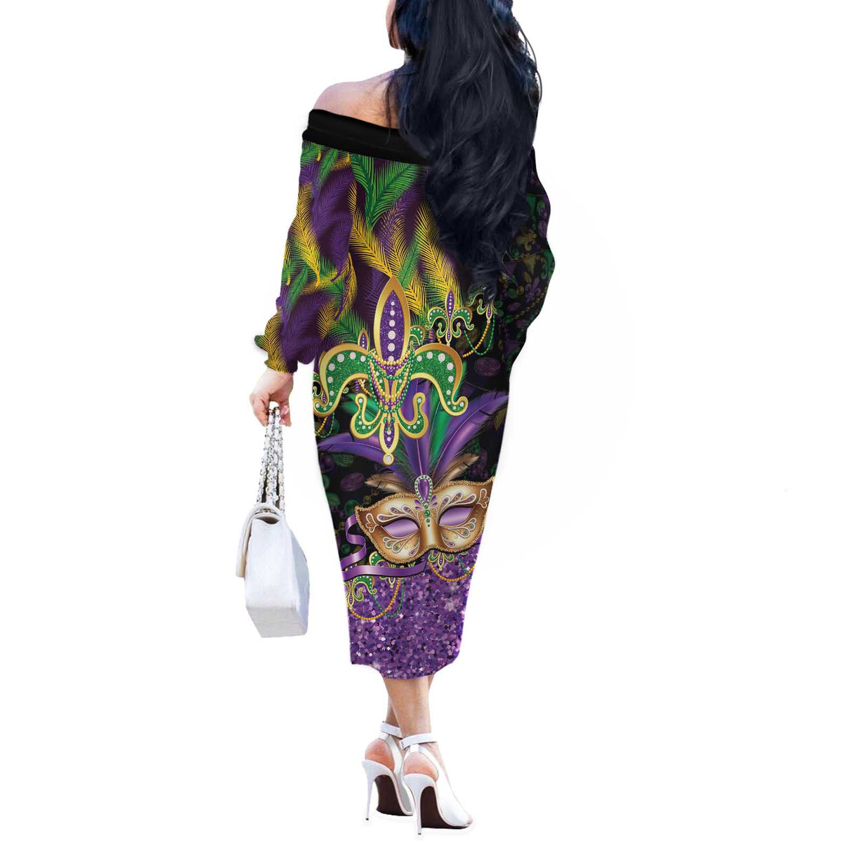 Fleur De Lis Mardi Gras Mask Off The Shoulder Long Sleeve Dress 504 NOLA Carnival Feathers Glitter Effect