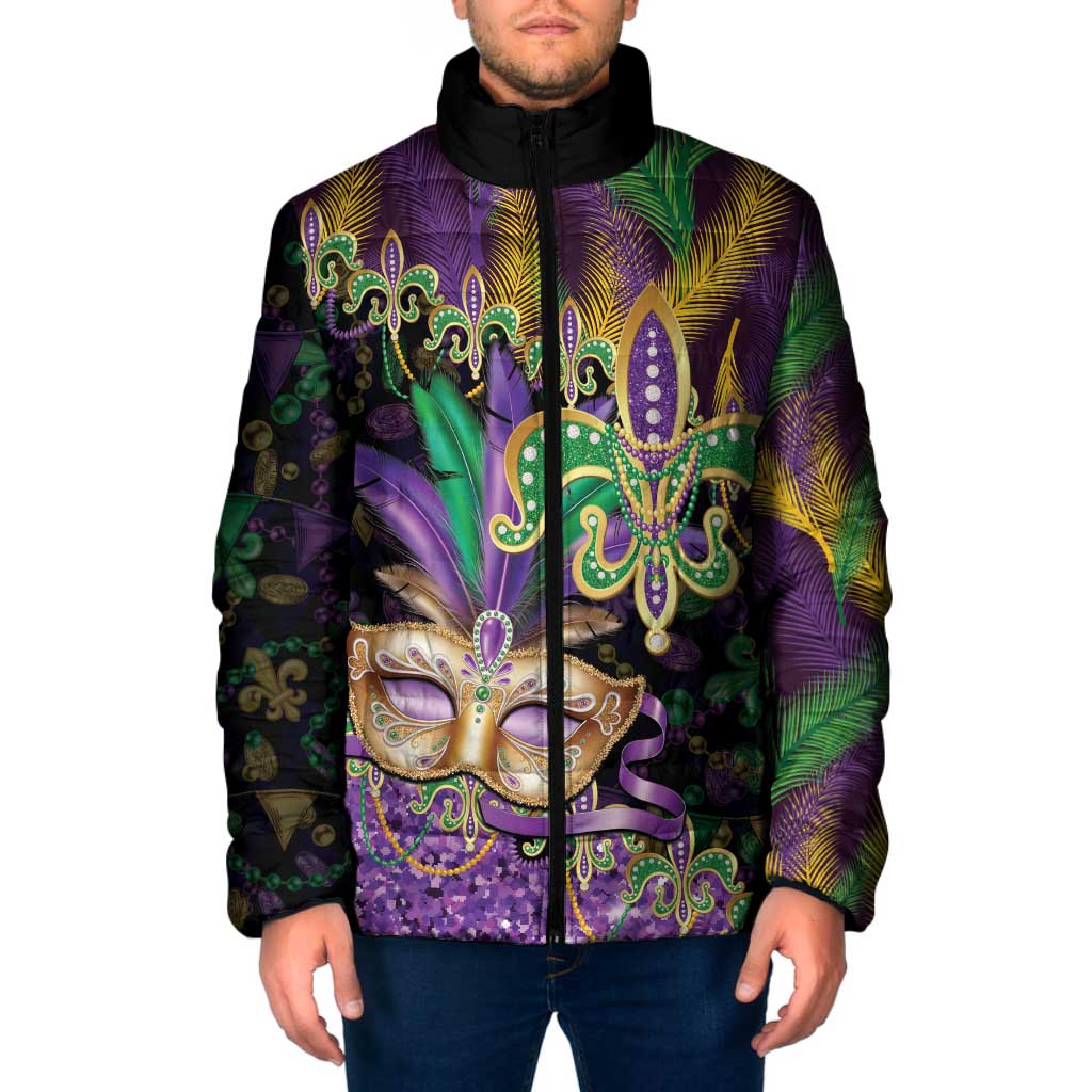 Fleur De Lis Mardi Gras Mask Padded Jacket 504 NOLA Carnival Feathers Glitter Effect