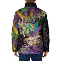 Fleur De Lis Mardi Gras Mask Padded Jacket 504 NOLA Carnival Feathers Glitter Effect