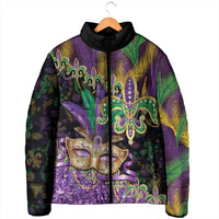 Fleur De Lis Mardi Gras Mask Padded Jacket 504 NOLA Carnival Feathers Glitter Effect