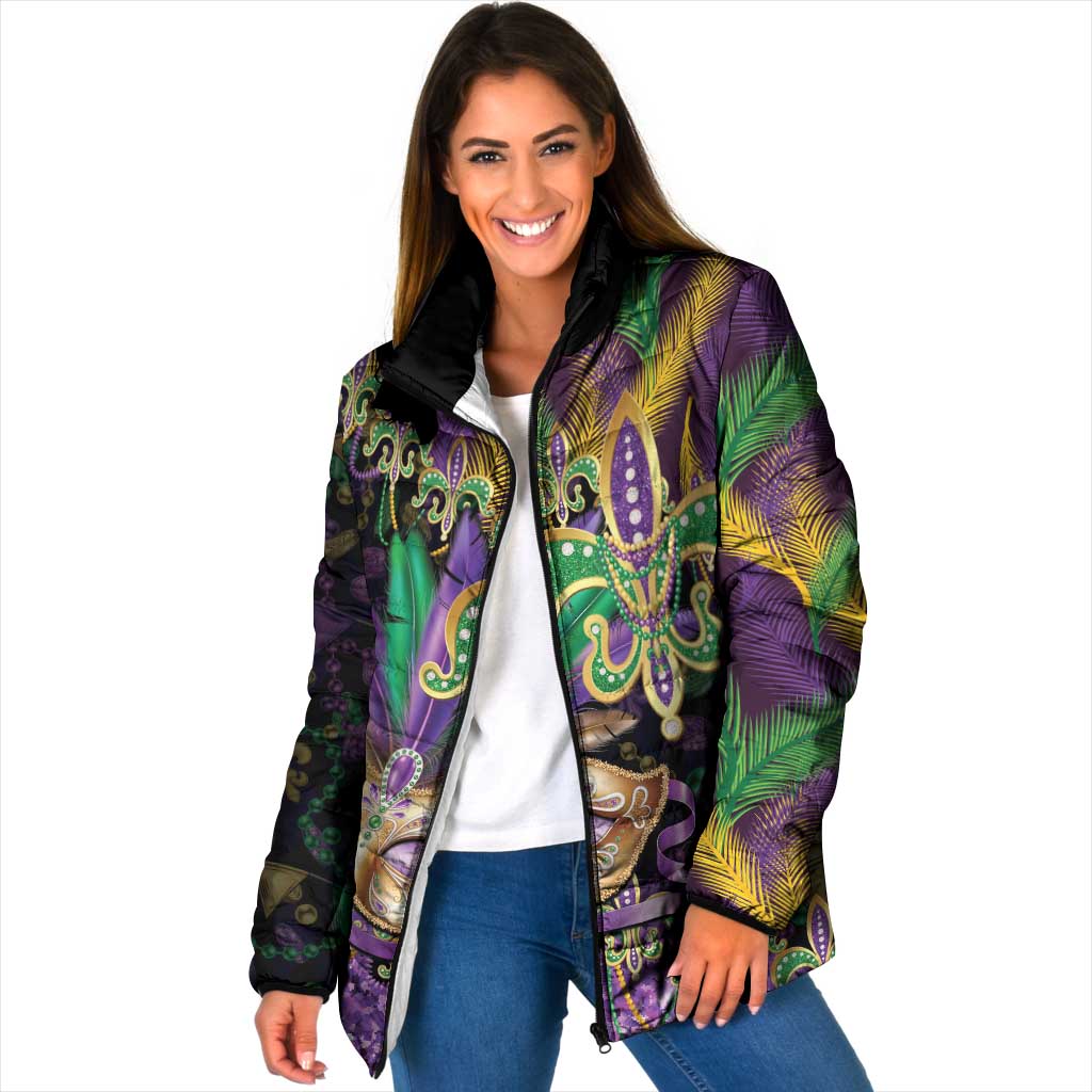 Fleur De Lis Mardi Gras Mask Padded Jacket 504 NOLA Carnival Feathers Glitter Effect