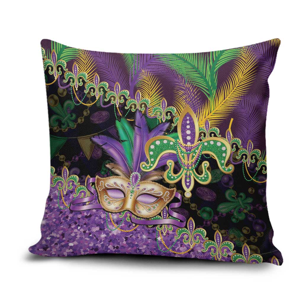 Fleur De Lis Mardi Gras Mask Pillow Cover 504 NOLA Carnival Feathers Glitter Effect