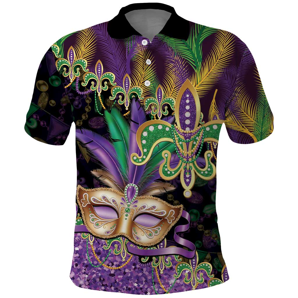 Fleur De Lis Mardi Gras Mask Polo Shirt 504 NOLA Carnival Feathers Glitter Effect