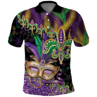 Fleur De Lis Mardi Gras Mask Polo Shirt 504 NOLA Carnival Feathers Glitter Effect