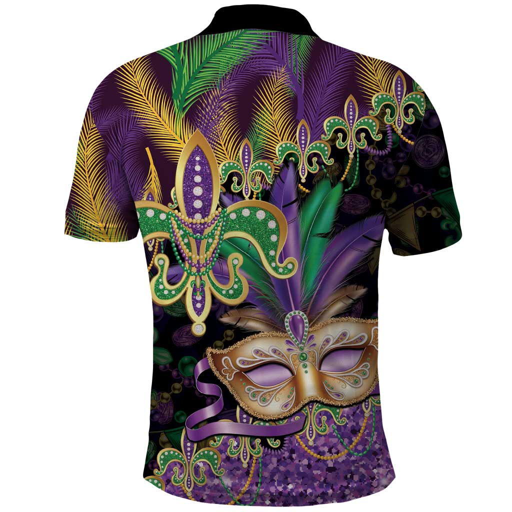 Fleur De Lis Mardi Gras Mask Polo Shirt 504 NOLA Carnival Feathers Glitter Effect