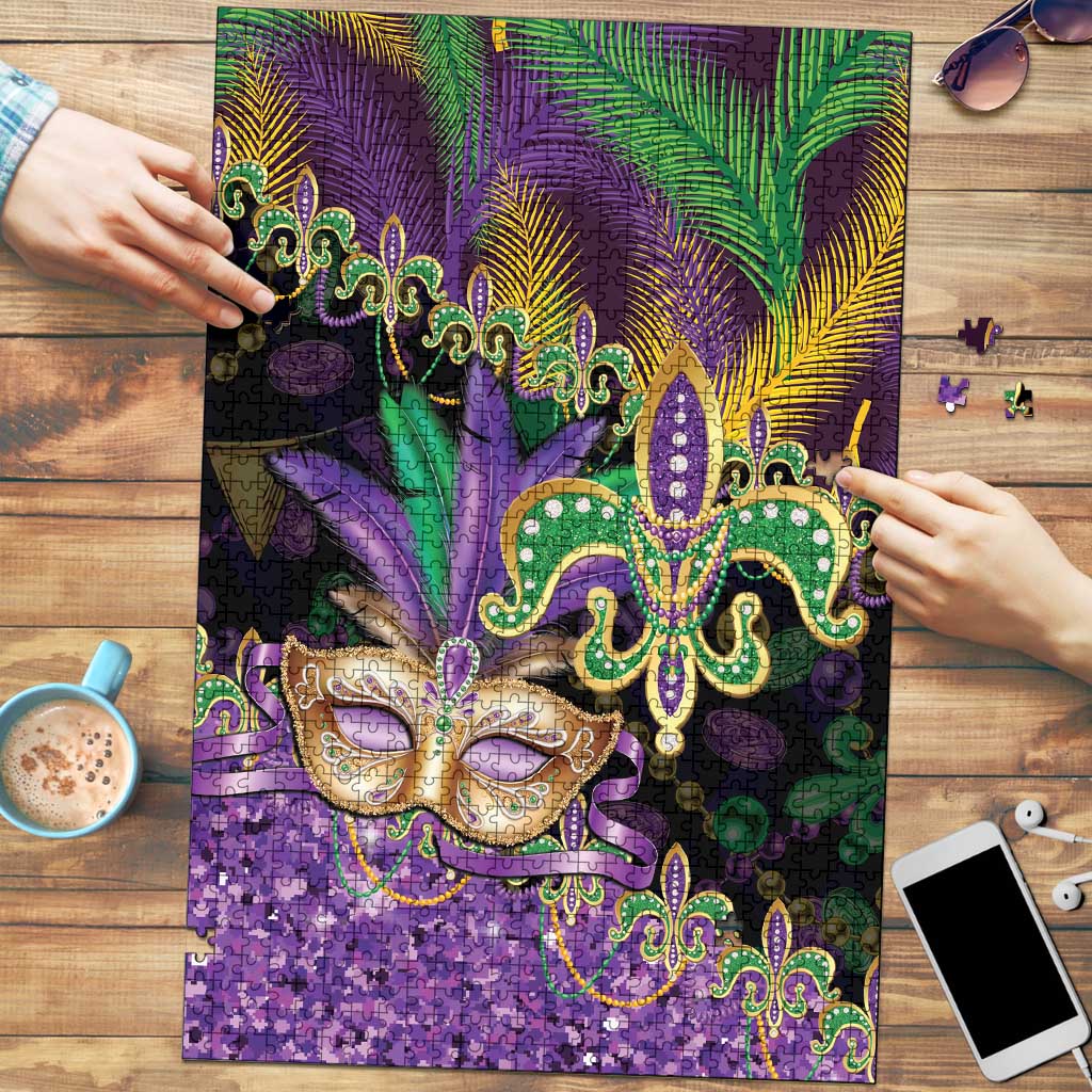 Fleur De Lis Mardi Gras Mask Puzzle 504 NOLA Carnival Feathers Glitter Effect