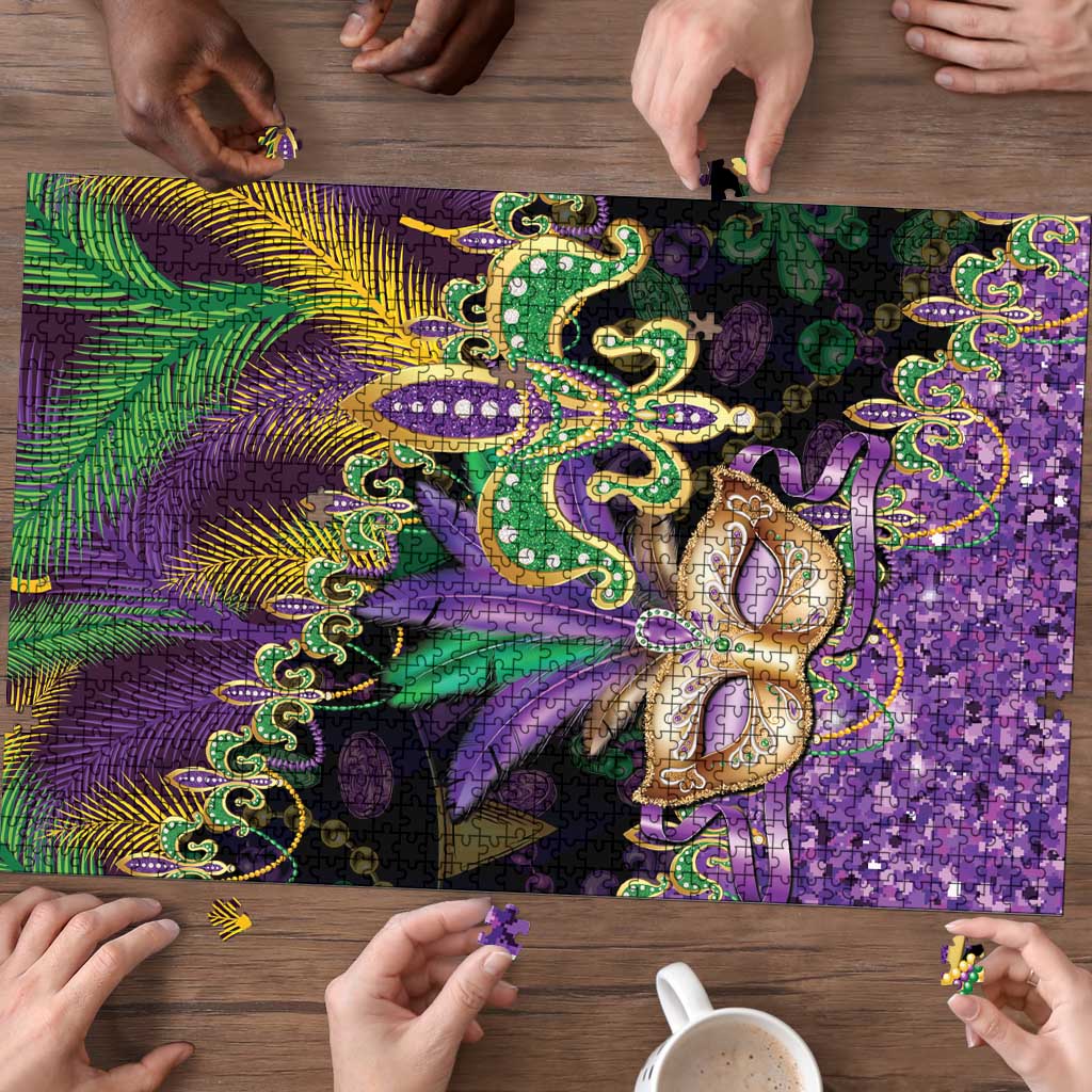 Fleur De Lis Mardi Gras Mask Puzzle 504 NOLA Carnival Feathers Glitter Effect