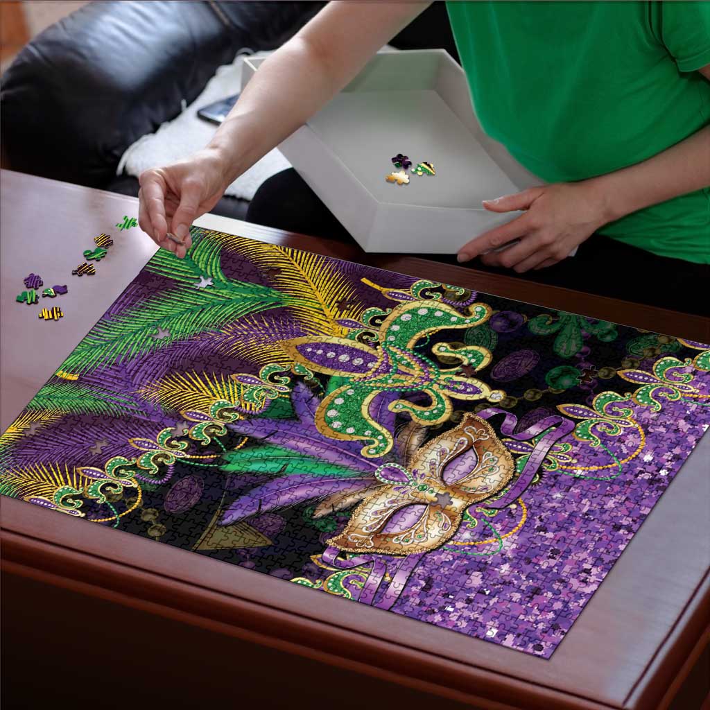 Fleur De Lis Mardi Gras Mask Puzzle 504 NOLA Carnival Feathers Glitter Effect